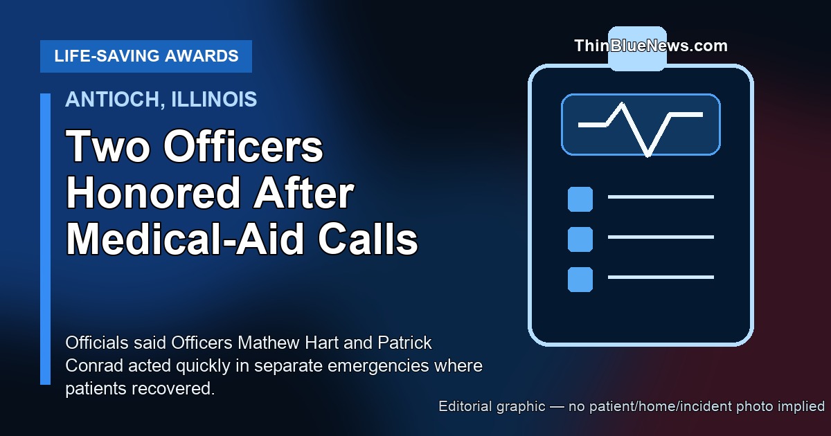 ThinBlueNews editorial graphic for an Antioch Police Department story about Officers Mathew Hart and Patrick Conrad receiving lifesaving awards after two medical-aid calls; no patient, home, or incident photo implied.