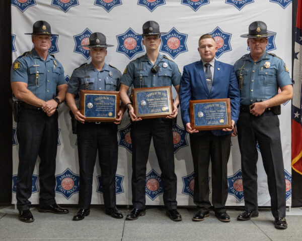 Arkansas State Police Trooper of the Year award photo showing Lt. Col. Jason Aaron, TFC Jacob Price, Trooper Ethan Hiland, TFC Brady Nuckels, and Lt. Col. Mike Kennedy. Photo via Arkansas Department of Public Safety.