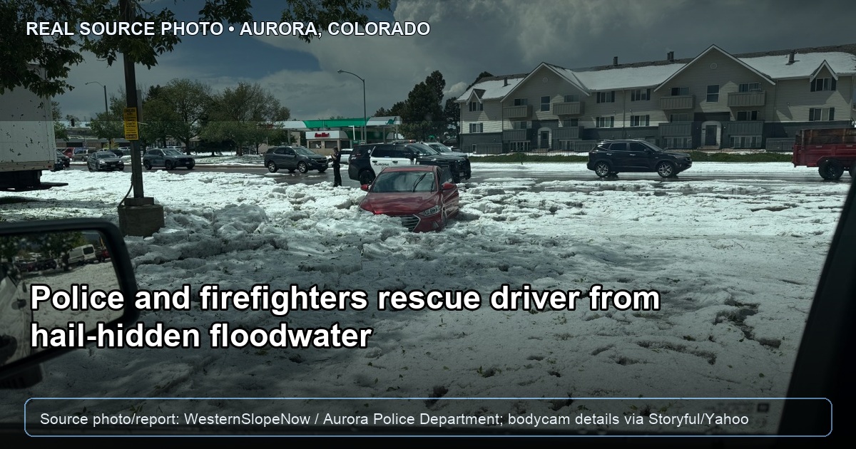 Aurora Police Department source photo shows a red sedan stuck in hail-hidden floodwater during a June 1 rescue near East Sixth Avenue and Sable Boulevard in Aurora, Colorado.