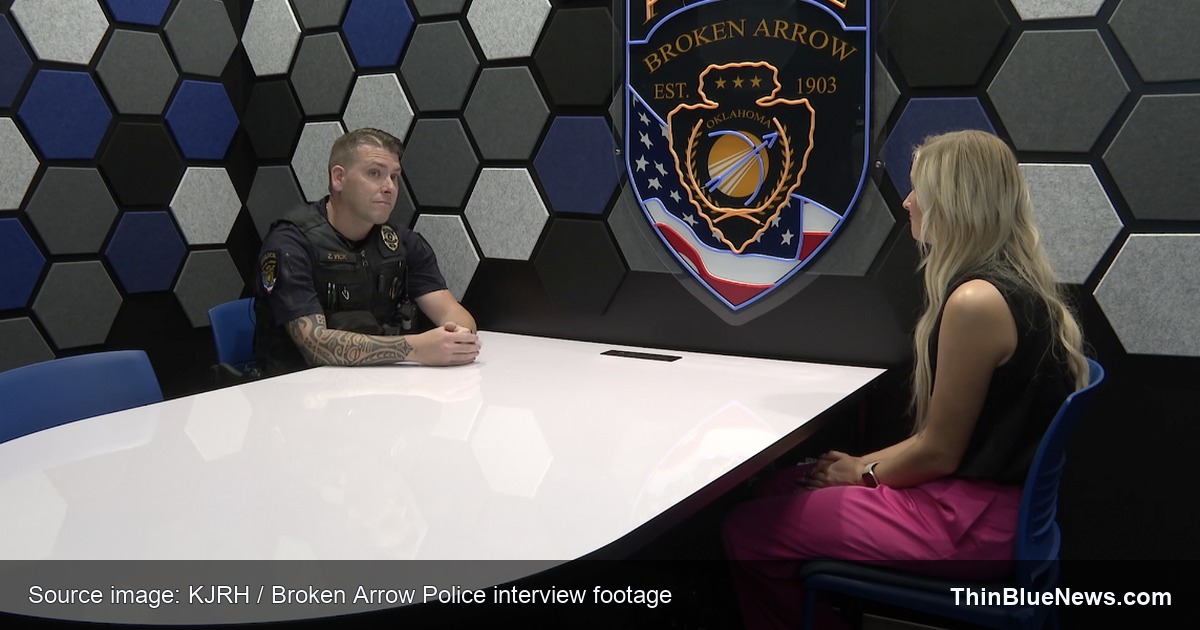 KJRH source image showing Broken Arrow Officer Zach Vick during an interview about saving a boy from drowning at Events Park pond.