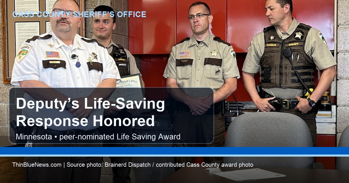Brainerd Dispatch contributed Cass County award photo with ThinBlueNews headline overlay showing Deputy Cooper Severson recognized for life-saving response