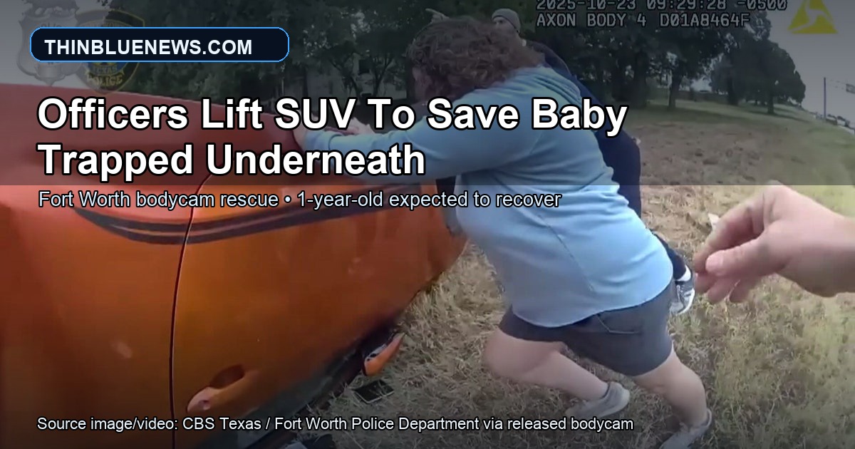 Fort Worth Police Department bodycam frame, published by CBS Texas, showing officers and bystanders at an overturned SUV during the rescue of a 1-year-old girl. ThinBlueNews added headline and source labeling.