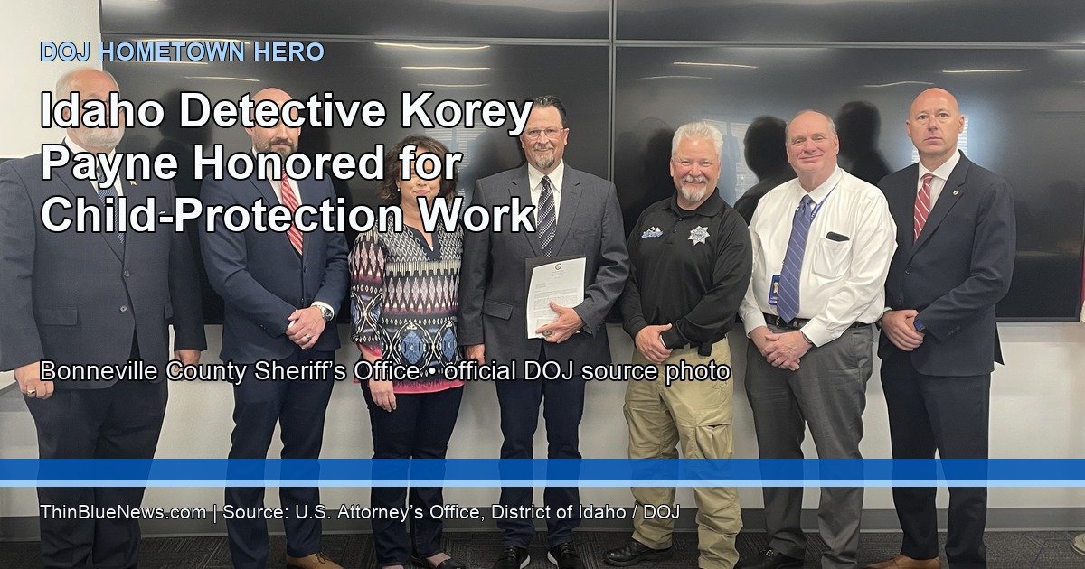 Official DOJ source photo with ThinBlueNews headline overlay showing Idaho Hometown Hero award recipient Detective Korey Payne with U.S. Attorney’s Office leadership