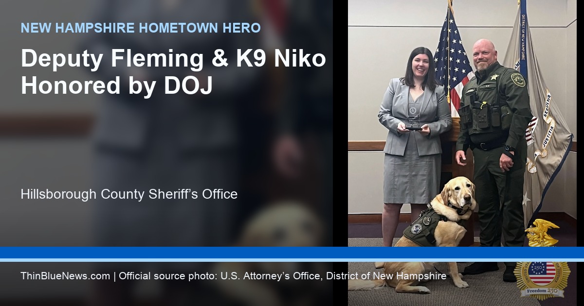 Official U.S. Attorney’s Office photo with ThinBlueNews headline overlay showing Deputy Matthew J. Fleming and K9 Niko receiving New Hampshire Hometown Hero recognition